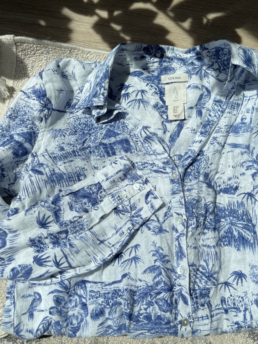 Joie 100% Linen White and Blue Patterned Summer Shirt Size S
